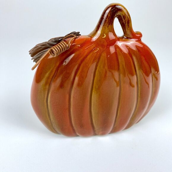 Ceramic Pumpkin with Metal Leaf Fun Festive Home Decoration Shelf Sitter 5.25" - Picture 6 of 12